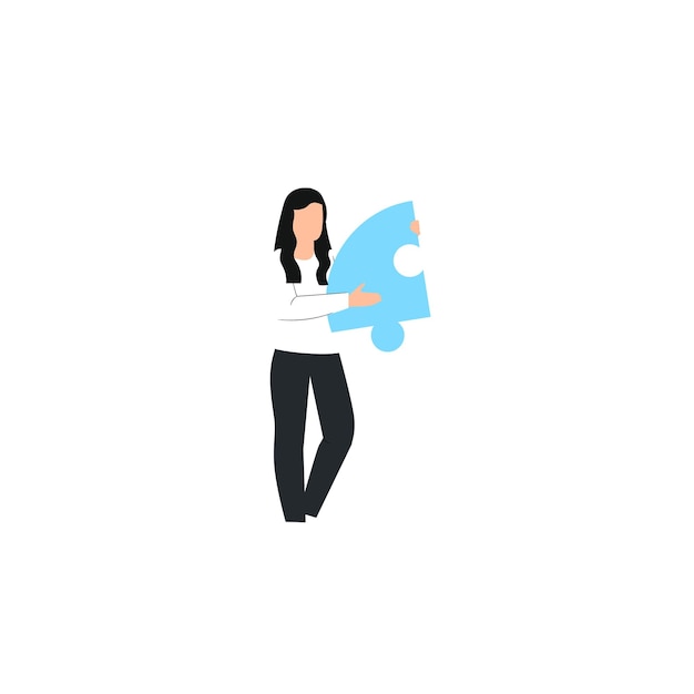 Lady in suit holding puzzle piece symbolizing global innovative thinking accomplishing teamwork Woman carrying jigsaw displays successful creative thinking