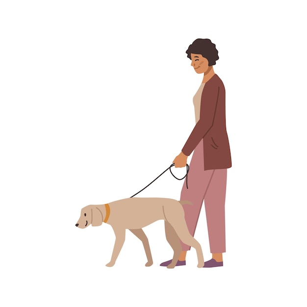 Lady walks with dog cute animal and pet owner