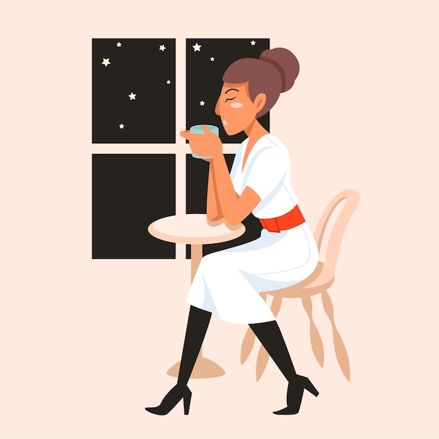 A lady in white dress sitting alone by the window drinking hot coffee during winter night