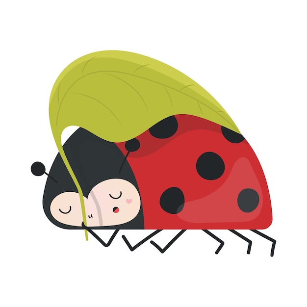 Ladybug Clipart in Cute Cartoon Style Beautiful Clip Art Ladybug Sleeps under a Leaf.