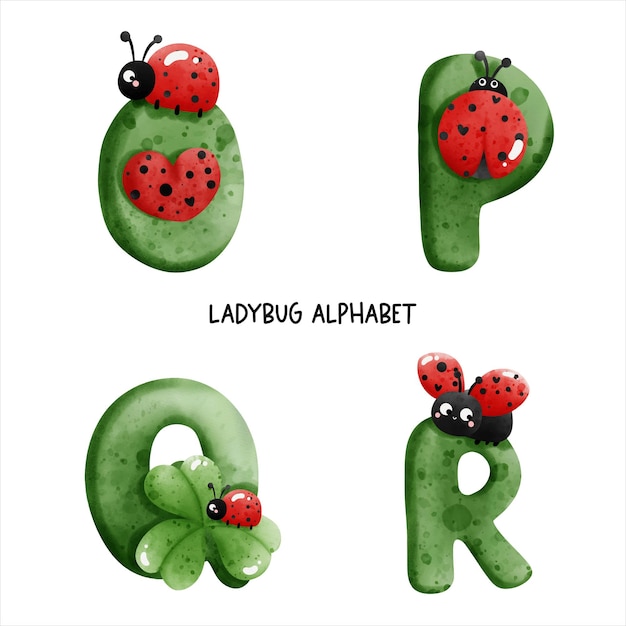 Ladybug watercolor alphabet Vector illustration