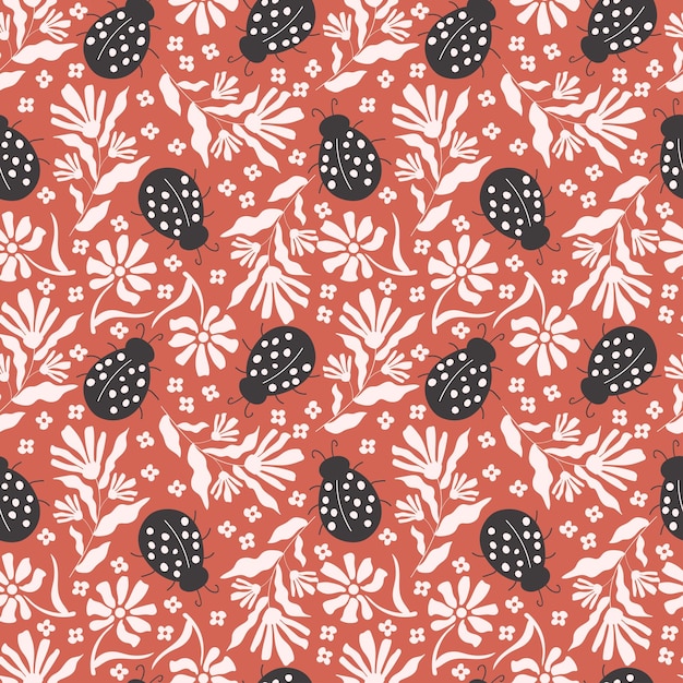 Ladybugs and flowers Seamless pattern vector illustration