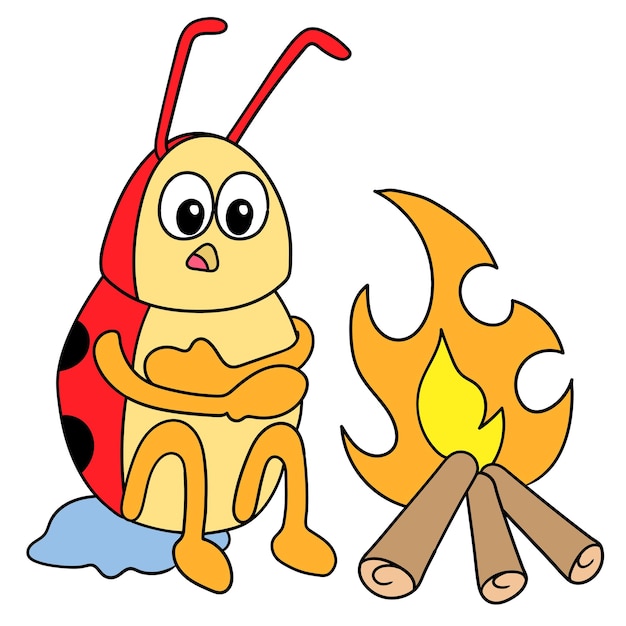 Ladybugs were freezing cold by the fire, character cute doodle draw. vector illustration