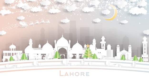 Lahore Pakistan City Skyline in Paper Cut Style with Snowflakes Moon and Neon Garland