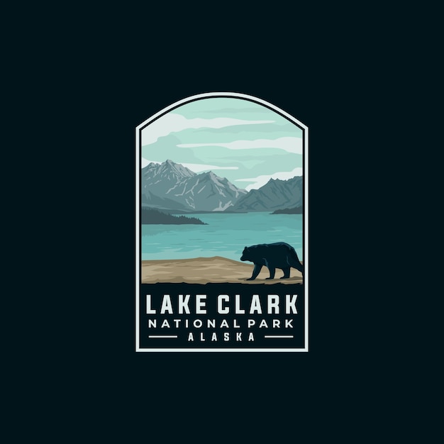 Lake Clark national park vector template. Alaska landmark illustration in patch emblem style.