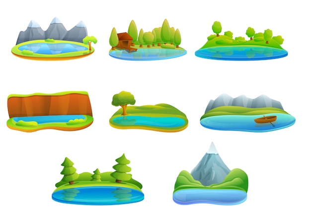 Lake icon set, cartoon style