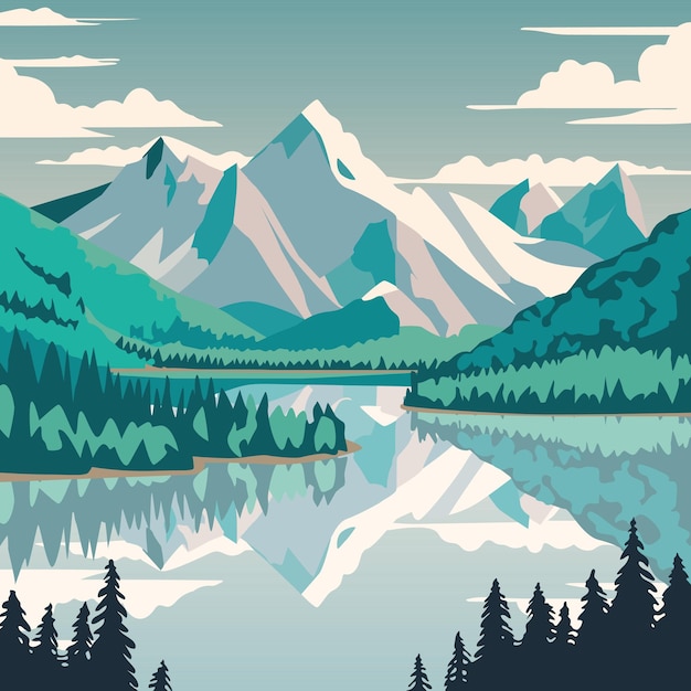 Lake and mountain landscape free vector flat design