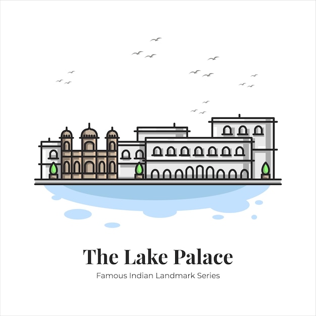 The Lake Palace Indian Famous Iconic Landmark Cartoon Line Art Illustration