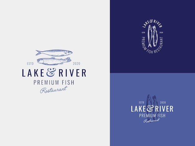 Lake and river fish Hand Draw Logo Template with Premium Vintage Typography