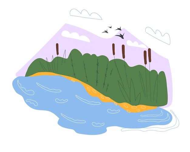 Lake or river landscape with water surface and sky flat vector isolated