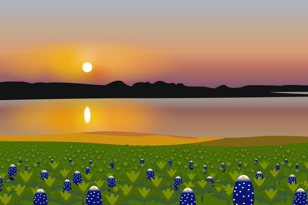 Vector lake sunset realistic vector landscape design illustration nature background premium vector