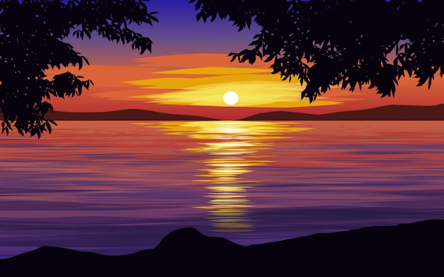 Lake sunset vector landscape illustration