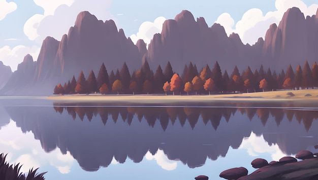 Lake Surrounded by Mountains and Autumn Trees Scenery Detailed Hand Drawn Painting Illustration