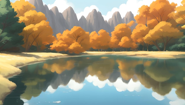 Lake Surrounded by Mountains and Autumn Trees Scenery Detailed Hand Drawn Painting Illustration