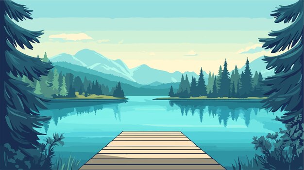 Vector a lake with a dock and a lake with mountains in the background