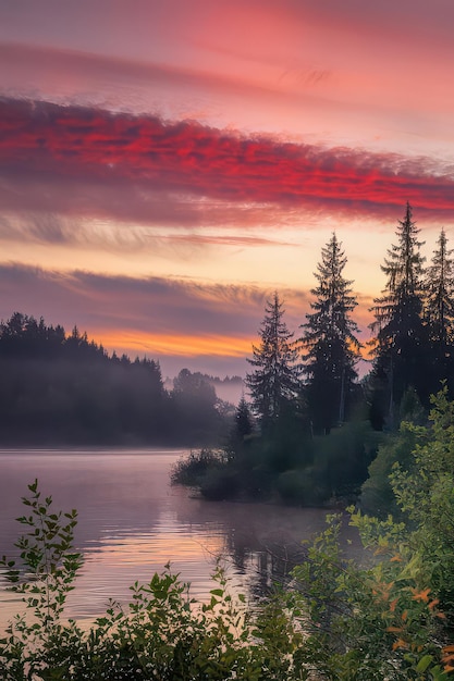 Vector a lake with a forest and a red sky with a mountain in the background