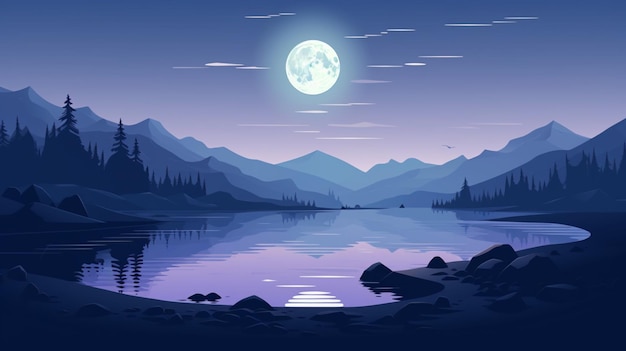 Vector a lake with a full moon and mountains in the background