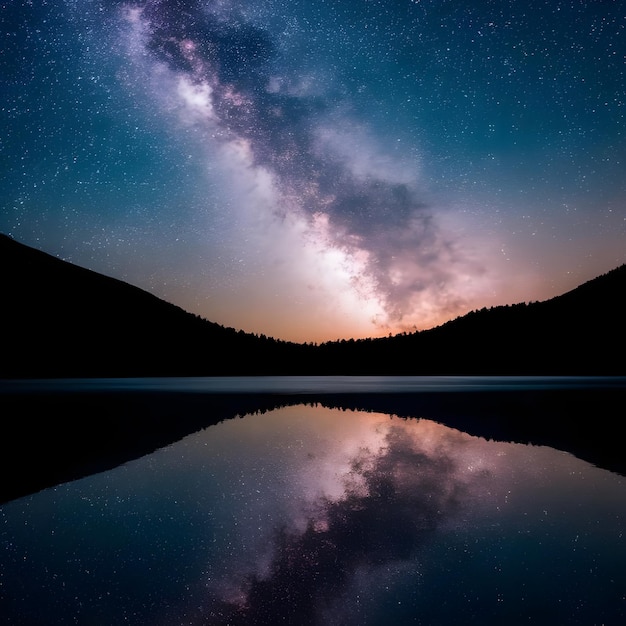 Vector a lake with a sky full of stars and a mountain with a lake in the background