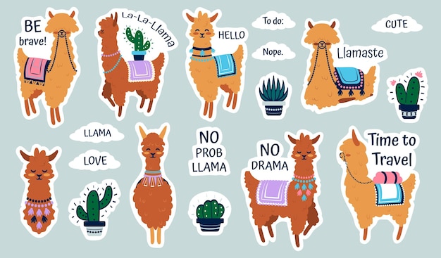 Lama stickers Cute cartoon alpaca emblems for kids notebooks hand drawn llama with cactus patches adorable animals with plants collection and short phrases vector isolated set