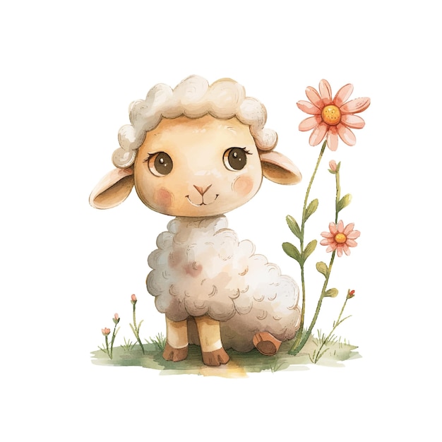 lamb and flowers vector illustration in watercolor style