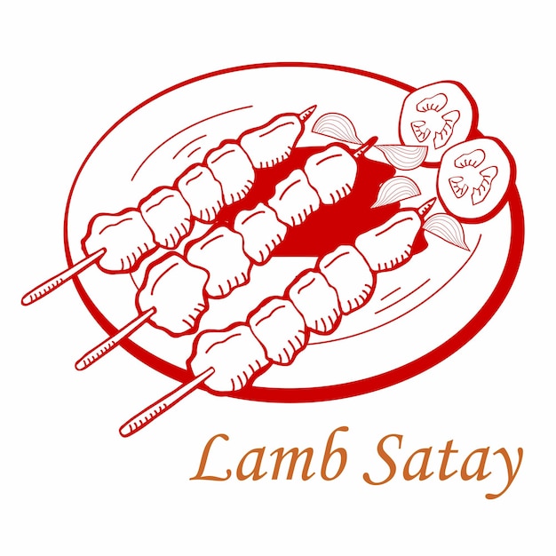 Lamb Satay with Soy Sauce Onion slice and tomato in food cartoon illustration Vector