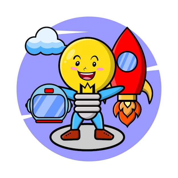 Lamp mascot cartoon character as astronaut with rocket helm and cloud in cute style