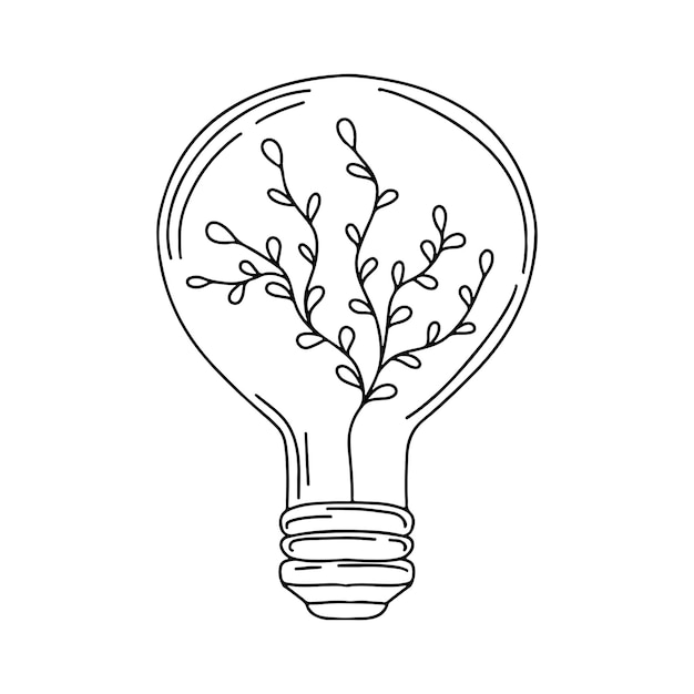 Lamp With plant in hand drawn doodle style Eco Energy Concept isolated on white background