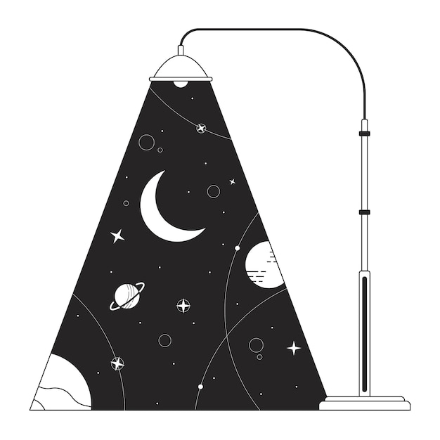 Lamppost light planets galaxy bw concept vector spot illustration Moon crescent stars streetlight city 2D cartoon flat line monochromatic scene for web UI design Editable isolated outline hero image