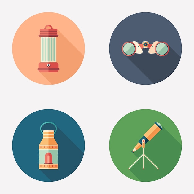 Lamps and observation devices flat round icon set.