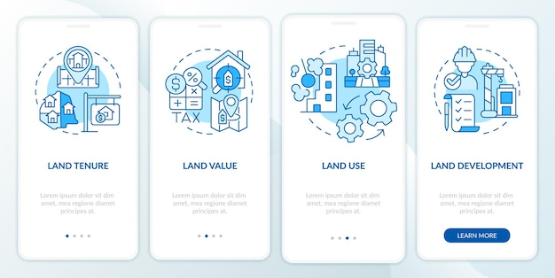 Land management practice blue onboarding mobile app screen Walkthrough 4 steps graphic instructions pages with linear concepts UI UX GUI template Myriad ProBold Regular fonts used