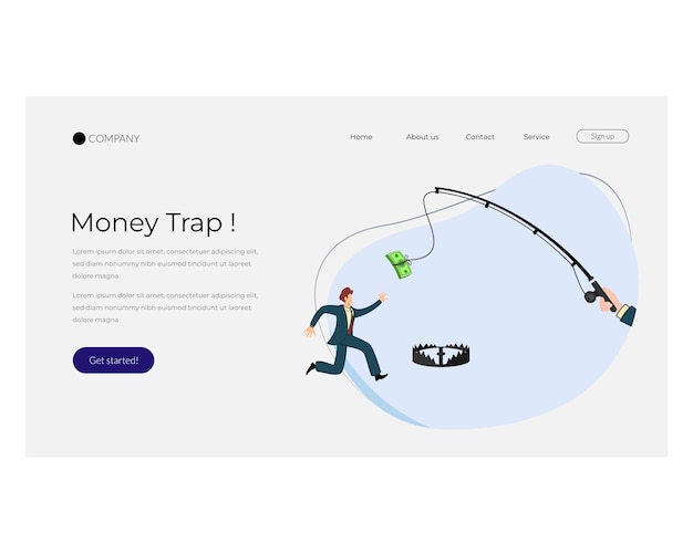 landing page about the pitfalls of cash games money trap Businessman chases dollar on fishing hook