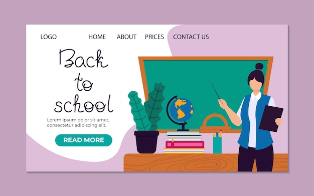 Landing Page Back To School With Female Teacher In Front Of Board Vector Illustration In Flat Style