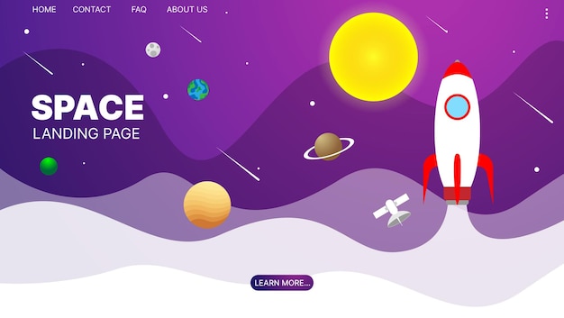 Landing page background template Presentation design Space planets and rocket Website template design Vector illustration