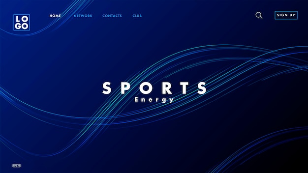 Vector landing page banner with dark blue background with fluid spiral waves water and sport website