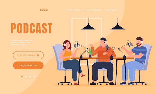 Vector landing page bloggers host podcasts people in microphones in public discuss various topics vector illustration