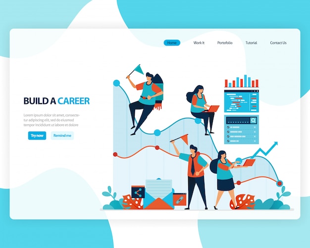  landing page of building a career and leadership. chart in achieving business goals. develop mental in work.  