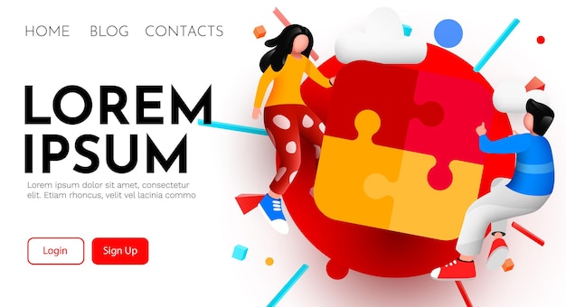 Landing page Business concept Team metaphor people connecting puzzle elements Vector illustration flat design style Symbol of teamwork cooperation partnership