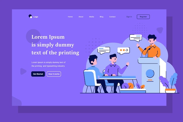 Landing Page Business Listening to speech by speaker employee work discussion flat outline style