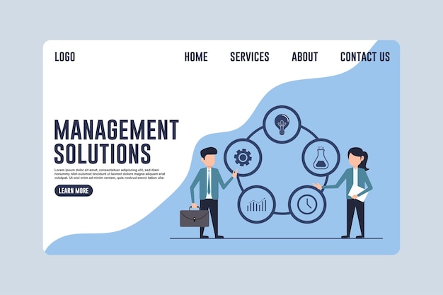 Vector landing page business management solutions design concept illustration