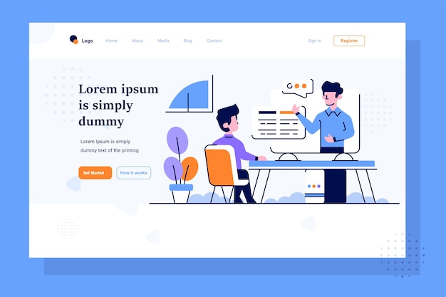 Landing Page Businessman mentor learn presentation online course explain flat outline design style