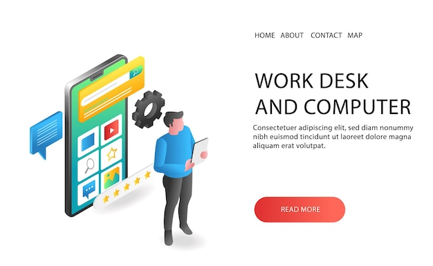 Landing page concept flat isometric illustration man using search smartphone app