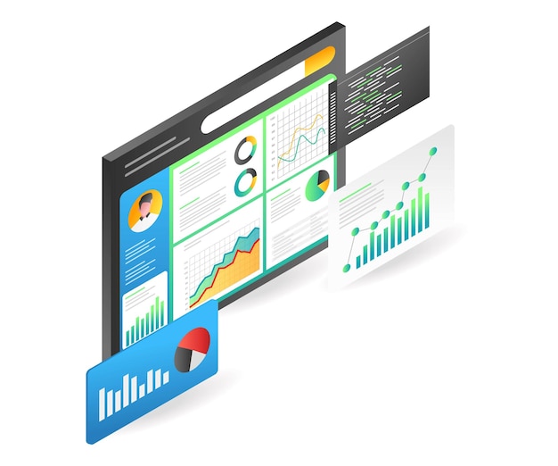 Landing page concept flat isometric illustration monitor new candidate data analysis