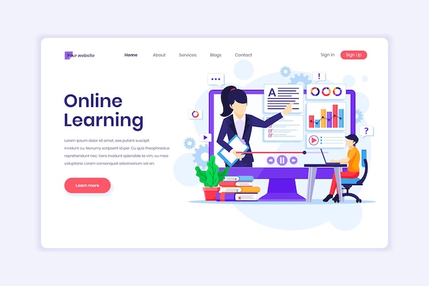 Landing page design concept of Online Learning video on computer illustration