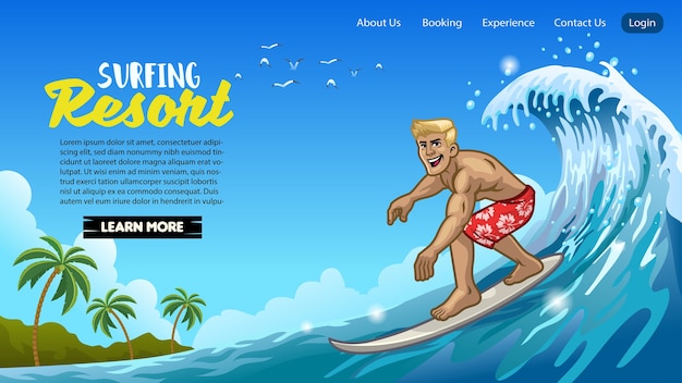 Landing page design of muscle surfer man play surfing