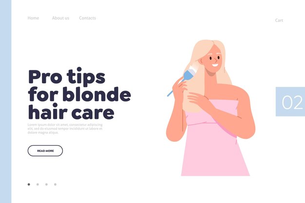 Vector landing page design template with pro tips for blonde hair care concept cosmetics products promotion