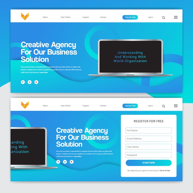 Landing Page Design with Gradient on color and laptop vector