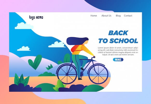 Landing Page Design  with Simple Illustration of Girls Ride Bicycles Go to School 