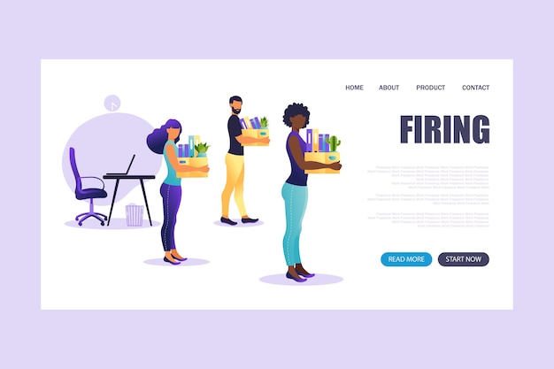 Landing page of firing employee. People standing with offices box with things. Unemployment concept, crisis, jobless and employee job reduction. Job loss.