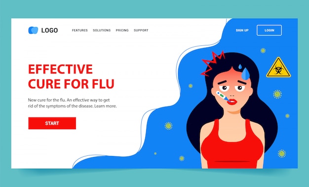 Landing page for flu. the girl is sick with the virus.