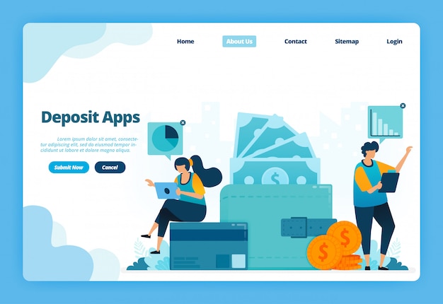 Landing page Illustration of deposit apps. Cashless society makes bill payments, saves money, wallet and financial transactions